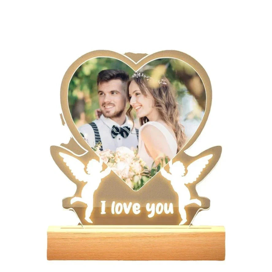 Personalized LED heart-shaped acrylic photo frame with 'I love you' and angel silhouettes