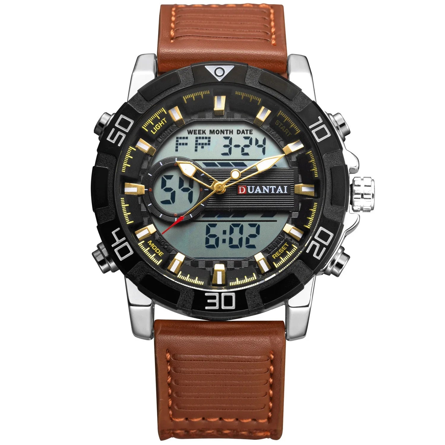 Brown leather strap wristwatch with black bezel, analog and digital display, silver details