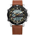 Brown leather strap wristwatch with black bezel, analog and digital display, silver details