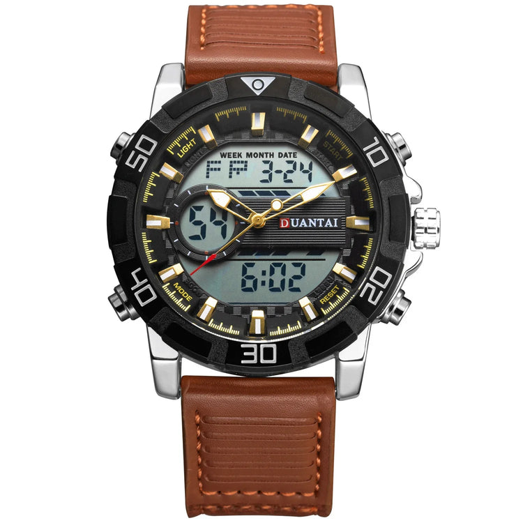 Brown leather strap wristwatch with black bezel, analog and digital display, silver details