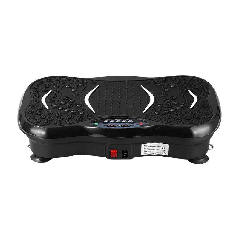 Black vibration plate exercise machine with textured surface for home fitness.