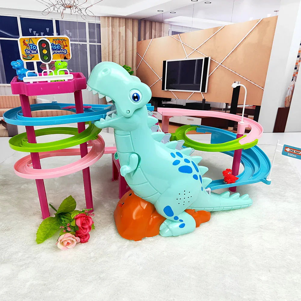 Light blue dinosaur toy with blue spots and a multi-color spiral racetrack on white carpet
