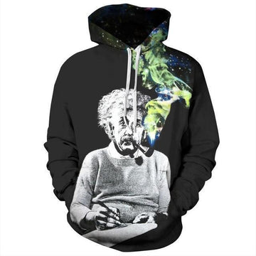 Black graphic hoodie with colorful smoke print and grayscale portrait, relaxed fit streetwear