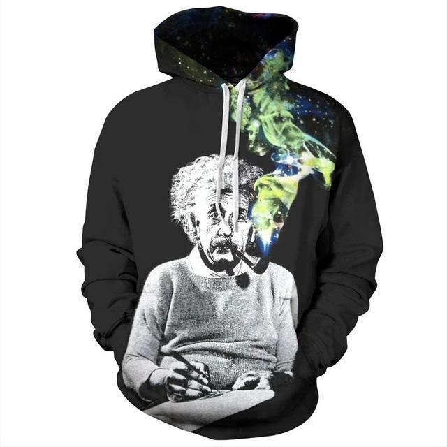 Black graphic hoodie with colorful smoke print and grayscale portrait, relaxed fit streetwear