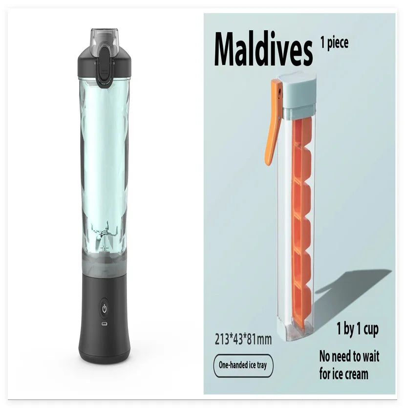 Modern water bottle with black lid and base next to slim orange silicone ice tray with handle.
