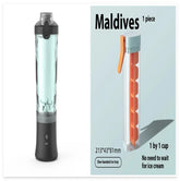 Modern water bottle with black lid and base next to slim orange silicone ice tray with handle.