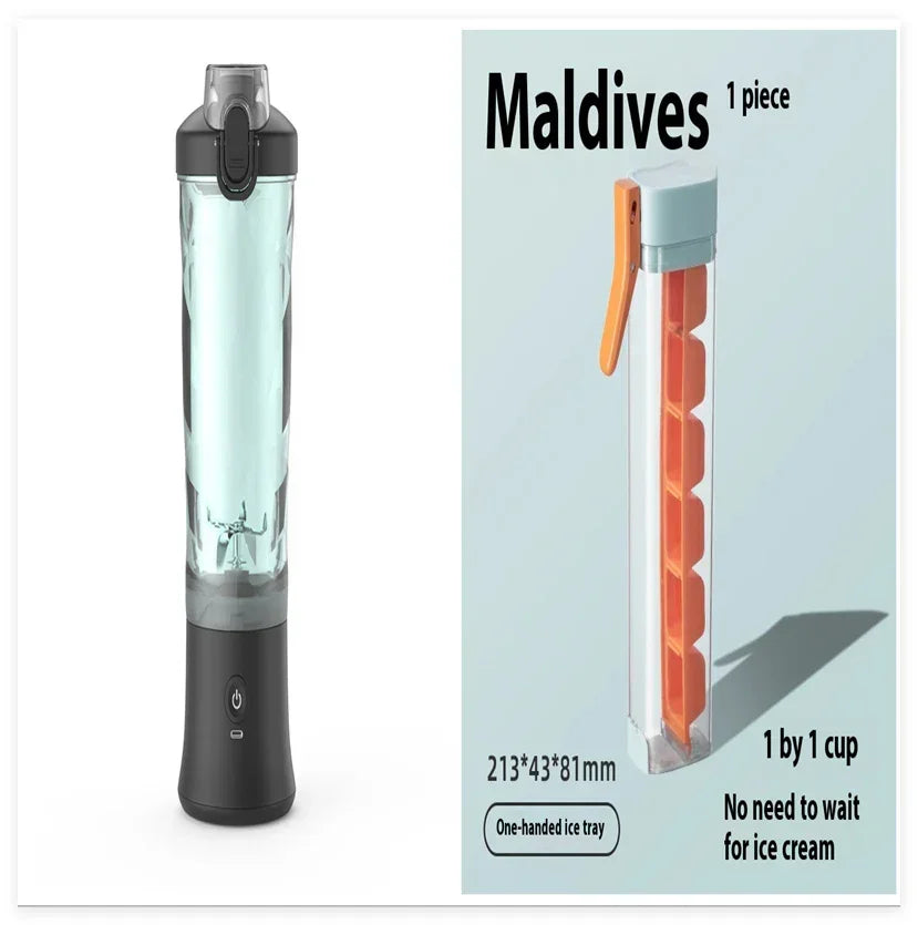 Modern water bottle with black lid and base next to slim orange silicone ice tray with handle.
