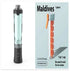 Modern water bottle with black lid and base next to slim orange silicone ice tray with handle.