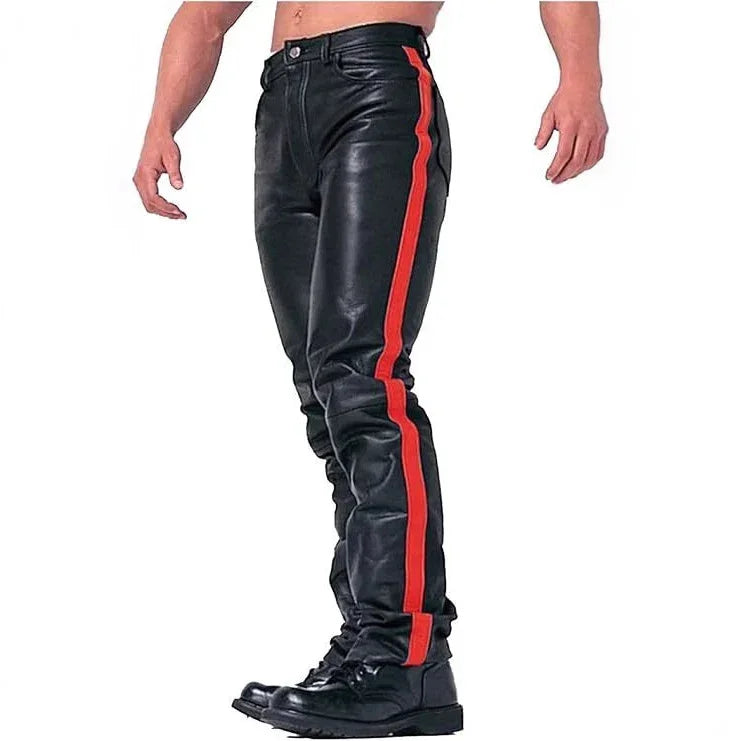 Black faux leather pants with red side stripe, slim fit, styled with black boots