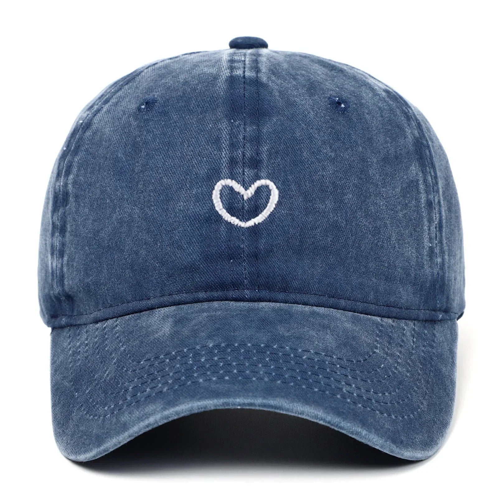 Blue washed denim baseball cap with white embroidered heart, relaxed fit streetwear