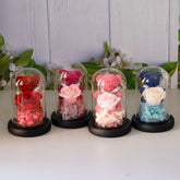 Preserved roses with plush teddy bears under glass domes, assorted colors, tabletop decor