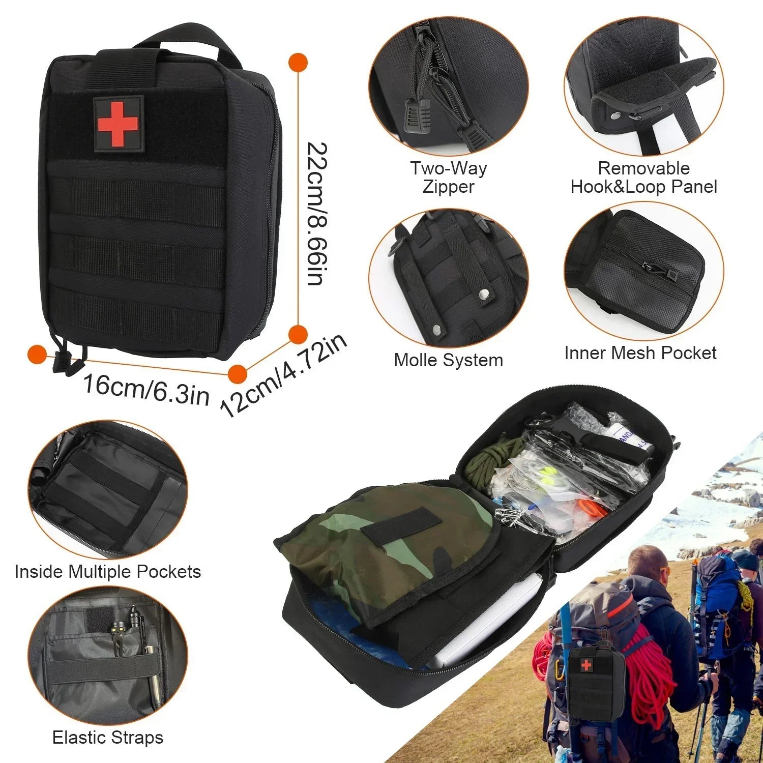 Black tactical first aid pouch with MOLLE webbing, two-way zipper, hook-and-loop panel, and inner mesh pockets, shown with organized compartments and mountain hiking setting.