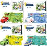 Set of colorful interlocking play mats with themed tracks and cartoon vehicles, including car, plane, and boat.