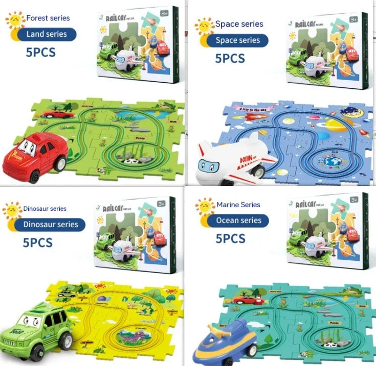 Set of colorful interlocking play mats with themed tracks and cartoon vehicles, including car, plane, and boat.