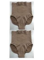 High-waisted, beige seamless shapewear briefs with a smooth, fitted design