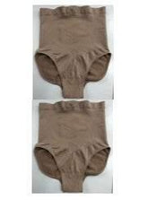 High-waisted, beige seamless shapewear briefs with a smooth, fitted design