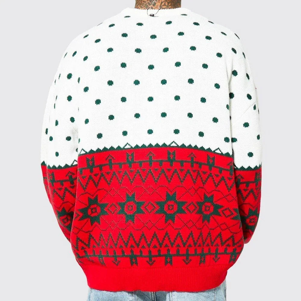 Oversized knit sweater with white and red color block, geometric and dot pattern, relaxed fit