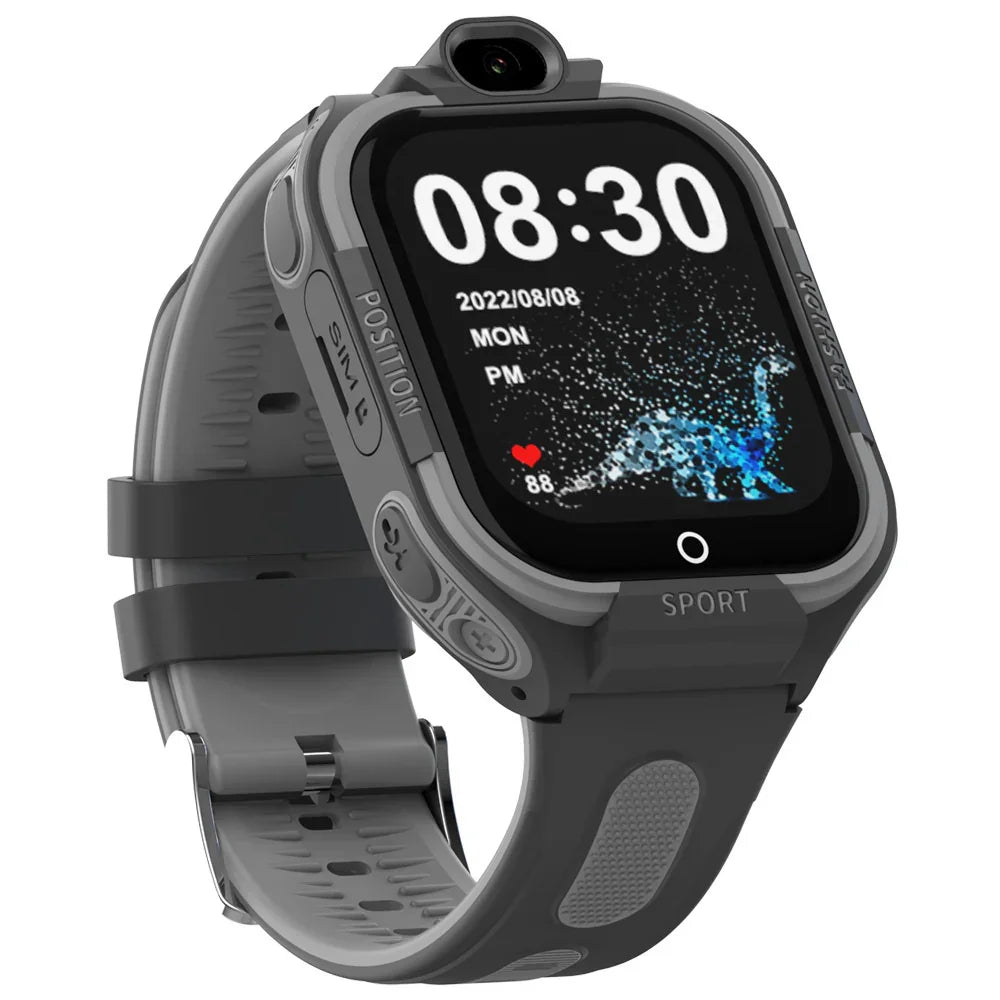 Rugged grey smart watch with silicone band, large touch screen, and digital display