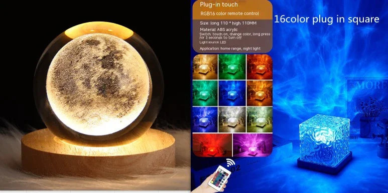 Futuristic LED night lights in moon and cube shapes, featuring color-changing acrylic design.