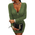 Olive green cable knit bodycon mini dress with front zipper, long sleeves, and textured material