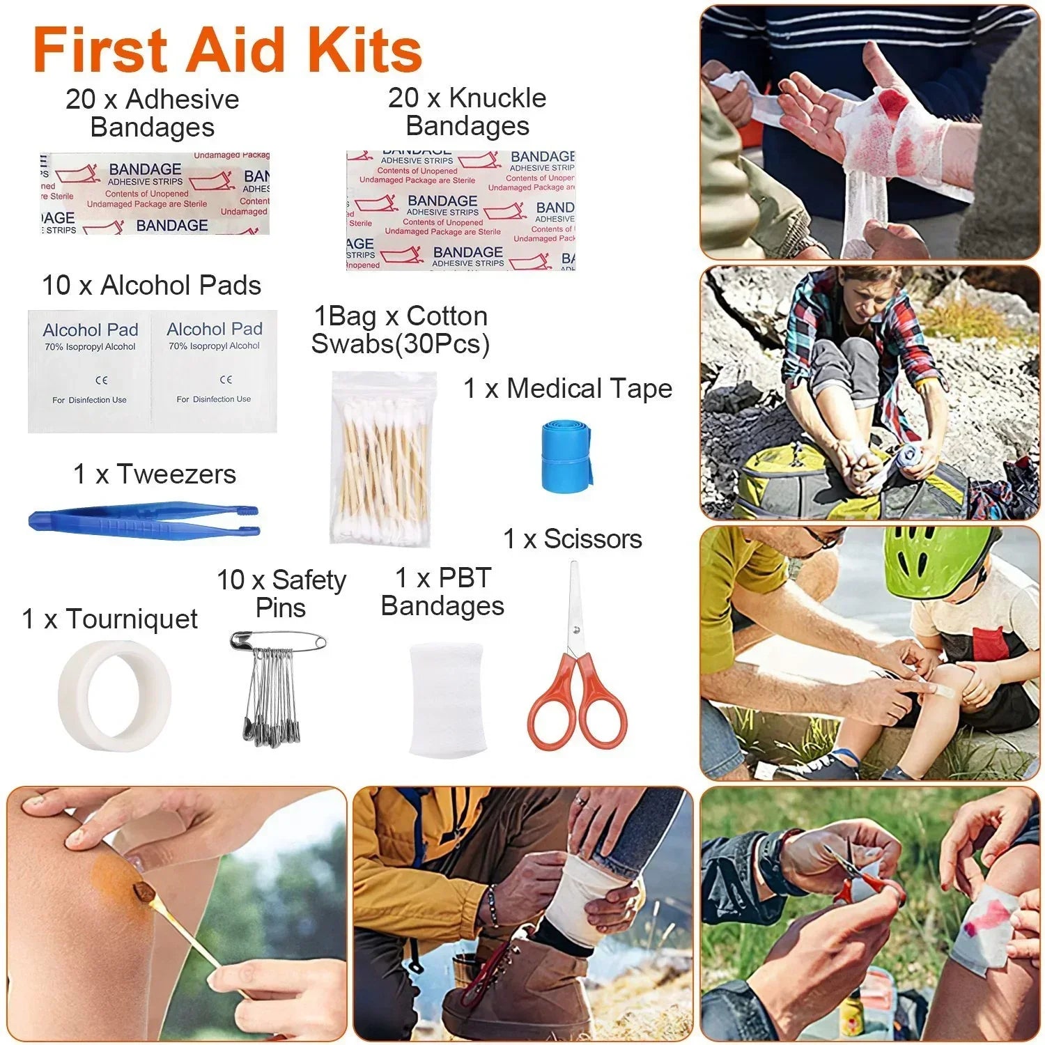 First aid kit essentials including adhesive bandages, alcohol pads, cotton swabs, medical tape, and scissors, with images showing outdoor use for treating injuries.