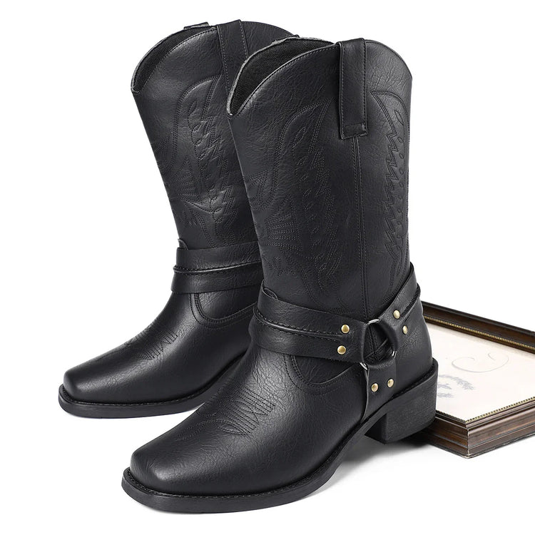 Black faux leather cowboy boots with embroidered stitching and harness strap, mid-calf fit