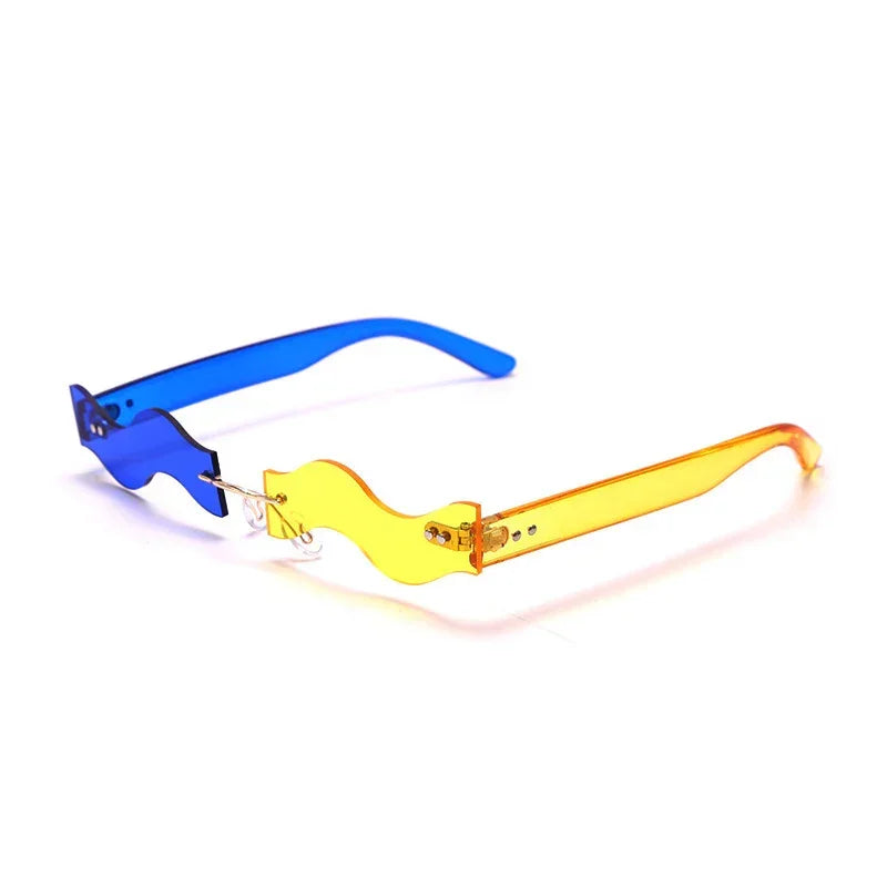 Futuristic wavy sunglasses with asymmetric blue and yellow acrylic frames, slim fit
