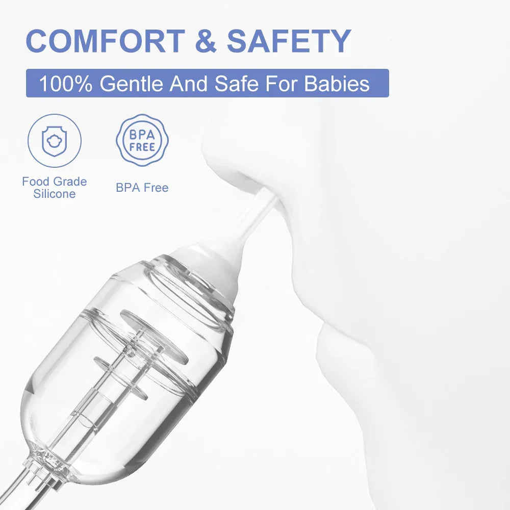 Clear baby nasal aspirator with food grade silicone tip, BPA-free, safe for infants