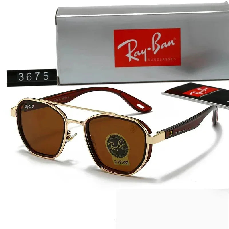 Gold frame sunglasses with brown lenses and angular design, glossy dark arms