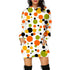 White hoodie dress with orange, black, and green polka dots, relaxed fit, long sleeves