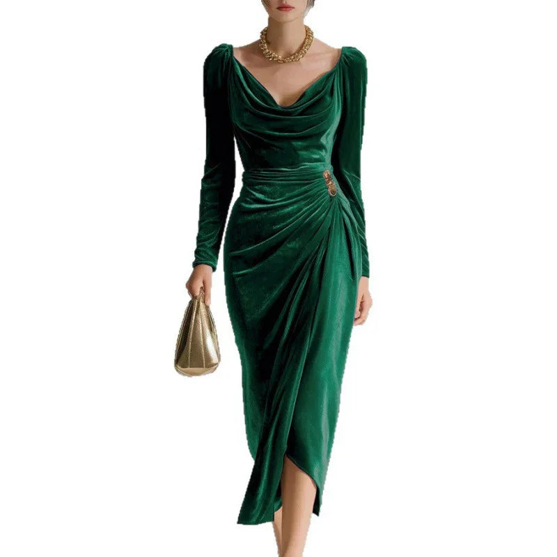 Elegant green velvet long sleeve dress with ruched waist, draped neckline, and slim fit