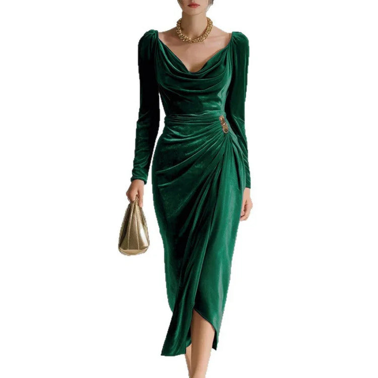 Elegant green velvet long sleeve dress with ruched waist, draped neckline, and slim fit