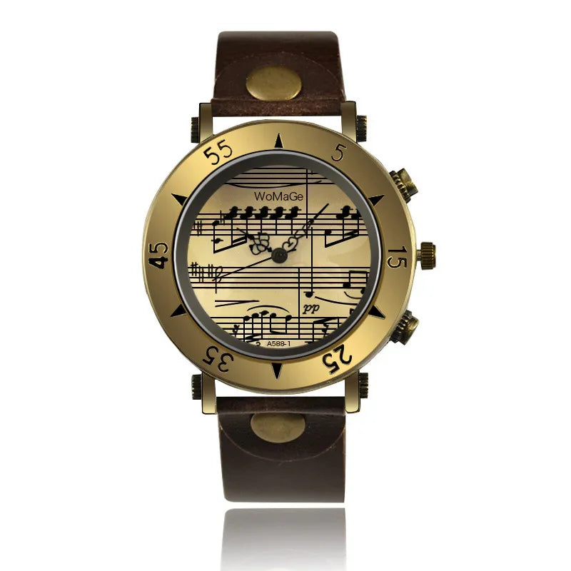 Gold-tone wristwatch with brown leather strap and musical notes on the cream dial face.
