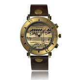 Gold-tone wristwatch with brown leather strap and musical notes on the cream dial face.