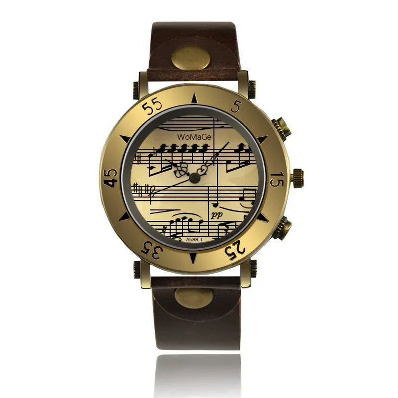 Gold-tone wristwatch with brown leather strap and musical notes on the cream dial face.