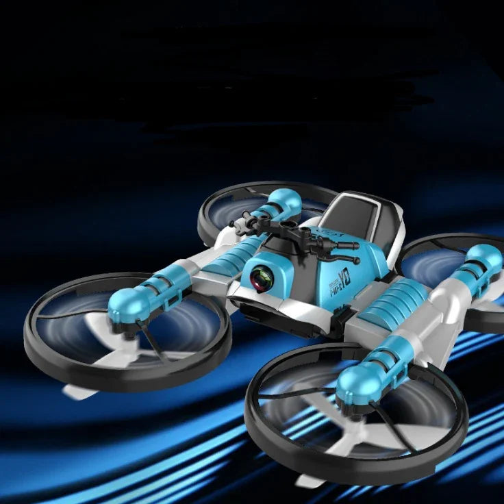Blue and white quadcopter drone with camera, plastic body, and sleek, futuristic design.