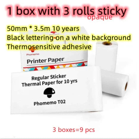 White thermal printer paper rolls with black text, adhesive backing, regular fit, for labels.