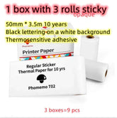 White thermal printer paper rolls with black text, adhesive backing, regular fit, for labels.
