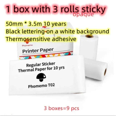 White thermal printer paper rolls with black text, adhesive backing, regular fit, for labels.