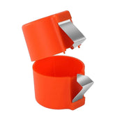 Orange plastic and stainless steel bag opener tool with ergonomic grip and angled blade