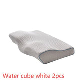 Contoured white ergonomic memory foam pillow with textured surface and blue edging