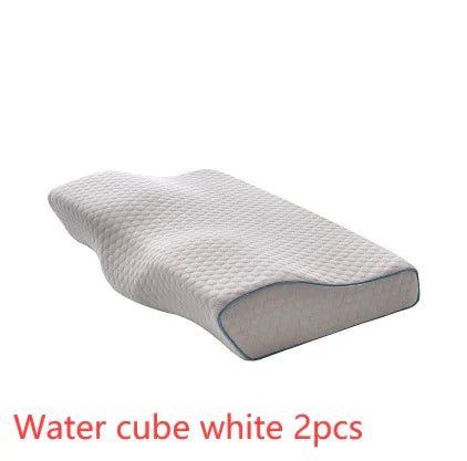Contoured white ergonomic memory foam pillow with textured surface and blue edging