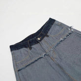 High-waisted blue denim skirt with raw frayed hem and contrast waistband, straight fit