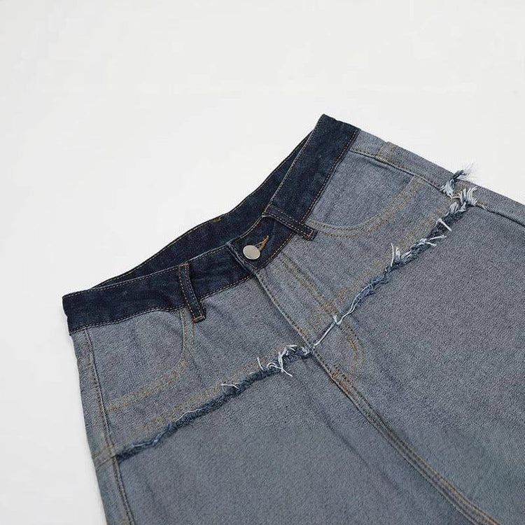 High-waisted blue denim skirt with raw frayed hem and contrast waistband, straight fit