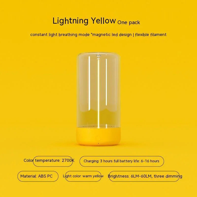 Lightning yellow LED light with warm yellow glow, cylindrical ABS PC body on yellow background