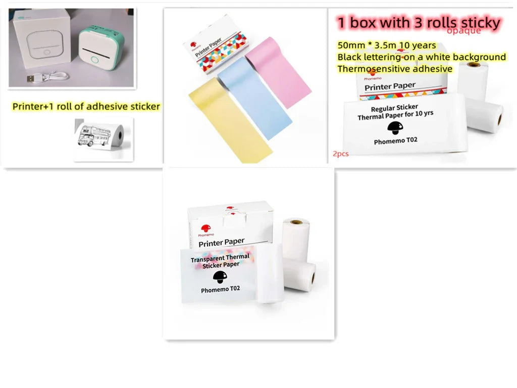 Thermal label printer with USB cable and assorted adhesive sticker paper rolls in white, yellow, blue, and pink.