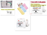 Thermal label printer with USB cable and assorted adhesive sticker paper rolls in white, yellow, blue, and pink.