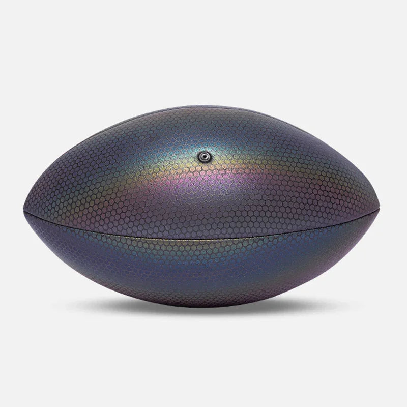 Iridescent textured football with hexagonal pattern and metallic finish on white background