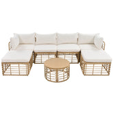 Beige rattan modular outdoor sofa set with white cushions and round wicker coffee table