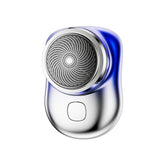 Compact silver electronic shaver with metal mesh head and glossy ergonomic design